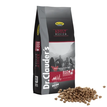 Dr. Clauder's Adult Medium Hundefutterbeutel mit einem schwarz-roten Design, das eine Bergszene und einen Haufen Futter davor zeigt.