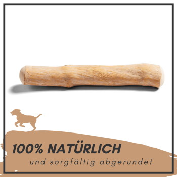 Natürlicher Hundekau-Stick, beschriftet mit '100% NATÜRLICH aus nachhaltigem Anbau', mit einer Silhouette eines Hundes und einem Globus-Symbol.