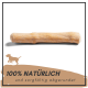 Natürlicher Hundekau-Stick, beschriftet mit '100% NATÜRLICH aus nachhaltigem Anbau', mit einer Silhouette eines Hundes und einem Globus-Symbol.