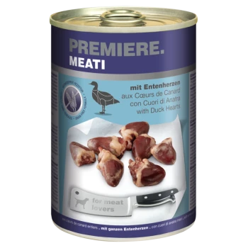 Dosenfutter für Haustiere mit der Aufschrift "Premiere Meati", das Entenherzen enthält, mit einem Messer und dem Text "für Fleischliebhaber" auf dem Etikett.