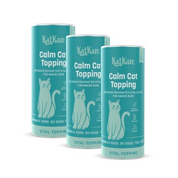 Drei türkisfarbene KatKare 'Calm Cat Topping'-Dosen mit Katzenillustration, beschriftet mit 'Calm Cat Topping' und 'Vital-Topping'.