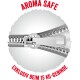 Eine Nahaufnahme eines silbernen Reißverschlusses mit dem Text "AROMA SAFE" in fettem Rot oben und "EXKLUSIV BEIM 15 KG-GEBINDE" in Rot unten.