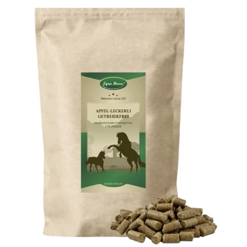 Kraftpapier-Beutel Lyra Horse 'APFEL-LECKERLI GETREIDEFREI' mit Pferdesilhouette und einem Haufen Pellets