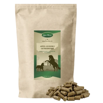 Kraftpapier-Beutel Lyra Horse 'APFEL-LECKERLI GETREIDEFREI' mit Pferdesilhouette und einem Haufen Pellets