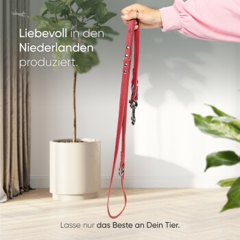 Eine Hand hält eine rote Hundeleine in einem hellen Raum mit einer Topfpflanze. Text: "Mit Liebe in den Niederlanden produziert" und "Nur das Beste für Ihr Haustier."