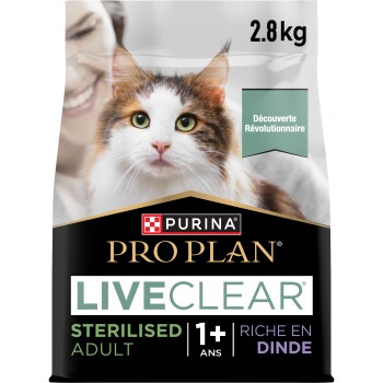 Sac de nourriture Purina Pro Plan LIVECLEAR 2,8 kg, visage de chat ; textes : « Adulte stérilisé », « 1+ ans », « Riche en dinde ».