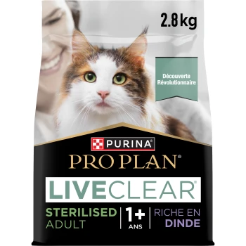 Sac de nourriture Purina Pro Plan LIVECLEAR 2,8 kg, visage de chat ; textes : « Adulte stérilisé », « 1+ ans », « Riche en dinde ».
