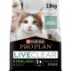 Sac de nourriture Purina Pro Plan LIVECLEAR 2,8 kg, visage de chat ; textes : « Adulte stérilisé », « 1+ ans », « Riche en dinde ».