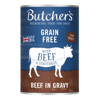 Original Recipe in Gravy kawałki w sosie 24 x 400 g Wołowina Puszka karmy dla psów "Butcher's Beef in Gravy" z niebieskim tłem, białą ilustracją krowy i etykietą "Grain Free".