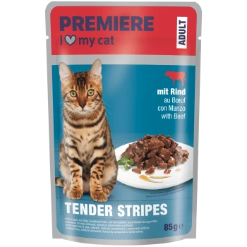 PREMIERE Futterbeutel mit getigerter Katze und Teller mit Rindfleisch; Text: „I♥my cat“, „ADULT“, „mit Rind / with Beef“, „TENDER STRIPES“, 85 g.
