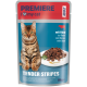 Sachet PREMIERE montrant un chat tigré et une assiette de bœuf ; texte visible «I♥my cat», «ADULT», «mit Rind/with Beef», «TENDER STRIPES», 85g.