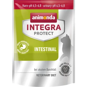 Integra Protect Intestinal 300g Haustierfutterpaket mit der Aufschrift "animonda INTEGRA PROTECT INTestinal" mit grünem Hintergrund, silbernem Boden und Text zur Verdaulichkeit und veterinärmedizinischer Diät.