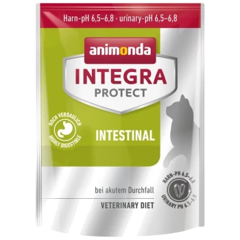 Haustierfutterpaket mit der Aufschrift "animonda INTEGRA PROTECT INTestinal" mit grünem Hintergrund, silbernem Boden und Text zur Verdaulichkeit und veterinärmedizinischer Diät.