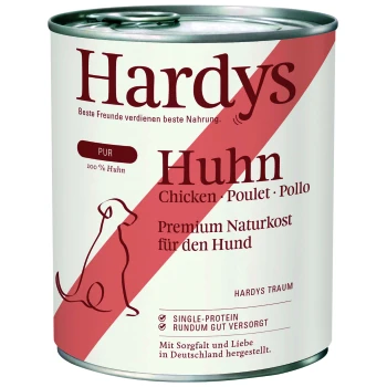 Dose Hardys Hundefutter mit der Aufschrift "Huhn" und dem Hinweis, dass es sich um ein einzelnes Protein und hochwertiges Naturfutter für Hunde handelt.