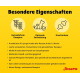 Gelbe Josera-Welpenfutter-Info: 'Besondere Eigenschaften' mit 'Getreidefreie Rezeptur', 'Optimale Entwicklung', 'Knochenbau'.