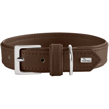 Braunes Leder-Hundehalsband mit silberner Schnalle und D-Ring, abgesteppten Kanten und kleinem Metallanhänger der Marke 'HUNTER'.