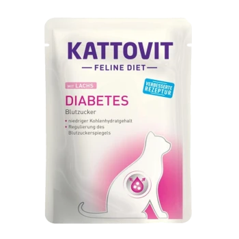 Kattovit Feline Diet Diabetes Katzenfutterbeutel mit Lachs, mit Text über den niedrigen Kohlenhydratgehalt und die Regulierung des Blutzuckers.
