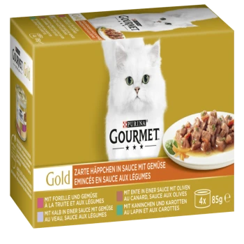 Eine Schachtel Purina Gourmet Gold Katzenfutter mit einer flauschigen weißen Katze auf der Vorderseite, mit einem Teller zartem Fleisch in Sauce und Gemüse.