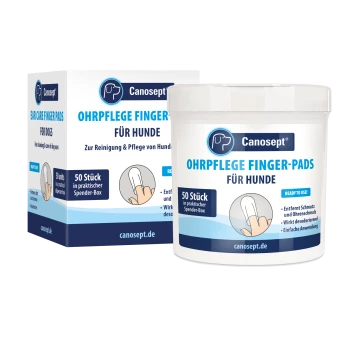 Canosept Ohrpflege-Finger-Pads für Hunde, Dose und Spenderbox in weiß-blauer Verpackung mit der Aufschrift „OHRPFLEGE FINGER-PADS FÜR HUNDE“ und „50 Stück“