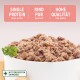 Eine Schüssel mit texturierter Rindfleisch-Tiernahrung, garniert mit Petersilie. Highlights: "EINZELPROTEIN," "RIND PUR," "HOHE QUALITÄT."