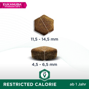 Eukanuba Veterinary Diets Kibble-Bild mit hexagonalen (11,5-14,5 mm) und runden (4,5-6,5 mm) Stücken, beschriftet mit "RESTRICTED CALORIE" und "ab 1 Jahr."