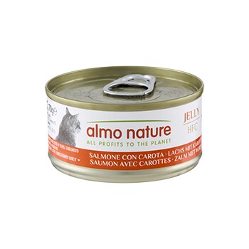 Boîte de nourriture pour chat Almo Nature (gelée) étiquetée « almo nature - ALL PROFITS TO THE PLANET », saumon avec carottes, silhouette de chat.