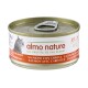 Boîte de nourriture pour chat Almo Nature (gelée) étiquetée « almo nature - ALL PROFITS TO THE PLANET », saumon avec carottes, silhouette de chat.