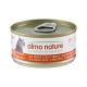 Boîte de nourriture pour chat Almo Nature (gelée) étiquetée « almo nature - ALL PROFITS TO THE PLANET », saumon avec carottes, silhouette de chat.