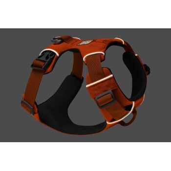 Orangenes Hundegeschirr mit schwarzer Polsterung und reflektierenden Akzenten, mit verstellbaren Riemen und einem stabilen Metall-D-Ring zur Leinenbefestigung.