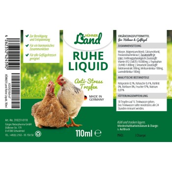 Etikett für Hühner Land Ruhe Liquid, ein Anti-Stress-Nahrungsergänzungsmittel für Geflügel, mit zwei Hühnern, Zutaten und Anwendungshinweisen.