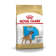 Torba z karmą dla psów Royal Canin Puppy Boxer, z obrazkiem szczeniaka rasy Boxer, z tekstem podkreślającym żywienie specyficzne dla rasy dla szczeniąt do 15 miesiąca życia.
