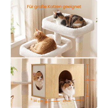 Vier Katzen auf einem Plüsch-Kratzbaum mit hölzernem Häuschen, orangefarbene Maße '30 cm' und '45 cm', Text 'Für große Katzen geeignet'