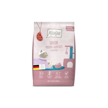 Rosa Mjamjam Katzenfutterbeutel 'Senior Frisches Lachsfilet & Geflügel' mit Katzenillustration und 'Mit Frisch-Fleisch'-Kennzeichnung.