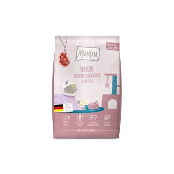 Rosa Mjamjam Katzenfutterbeutel 'Senior Frisches Lachsfilet & Geflügel' mit Katzenillustration und 'Mit Frisch-Fleisch'-Kennzeichnung.