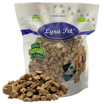 Lyra Pet Hundefuttersack mit einem Haufen brauner Kibble-Würfel, 'Lyra Nature Power'-Label und 'Lyra Pet'-Logo, Hundeabbildungen.