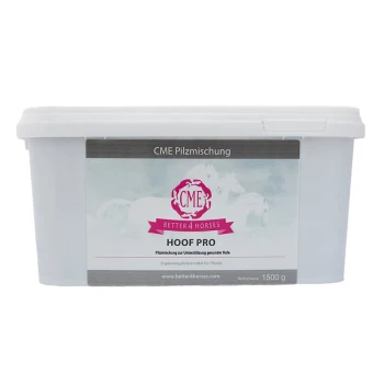 Weißer Behälter mit der Aufschrift "CME Hoof Pro" für die Gesundheit von Pferden, mit pinkem und grauem Design, 1500g, mit deutschem Text über Hufunterstützung.