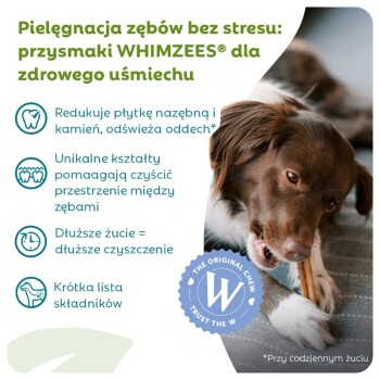 Pies żujący przysmak dentystyczny WHIMZEES; widoczny tekst: „Pielęgnacja zębów bez stresu: przysmaki WHIMZEES dla zdrowego uśmiechu.”