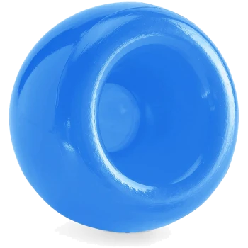 Helles blaues Gummispielzeug für Haustiere in Form eines Balls, mit einem hohlen Zentrum für Leckerlis oder Spiel.