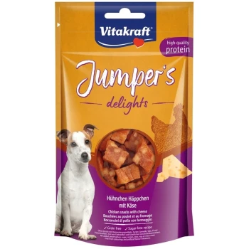 Verpackung von Vitakraft Jumper's Delights Hundesnacks mit Hühnchen und Käse, gekennzeichnet als getreidefrei und zuckerfrei.