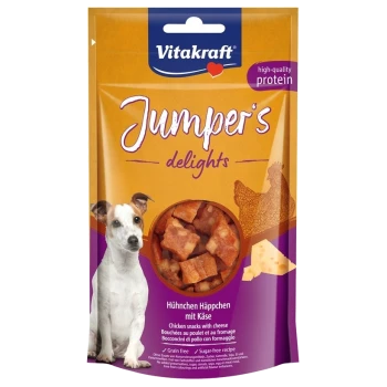 Emballage des friandises pour chiens Vitakraft Jumper's Delights avec des snacks au poulet et au fromage, étiqueté comme recette sans céréales et sans sucre.