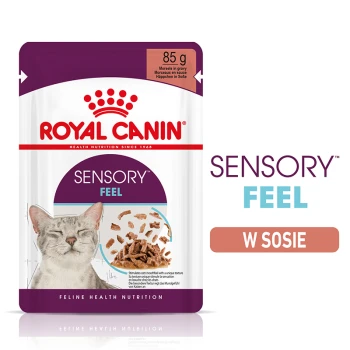 Torebka karmy dla kotów Royal Canin Sensory Feel, 85g, z wesołym kotem i kawałkami jedzenia w sosie, z tekstem podkreślającym zdrowie kotów.