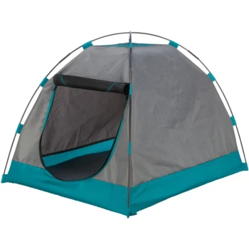 Hunde-Zelt 65 cm, 65 cm, 63 cm Ein kleines, graues Haustierzelt mit türkisfarbenen Akzenten, mit einem hochrollbaren Eingang und einem Netzfenster zur Belüftung.