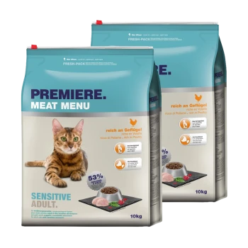Deux sacs de nourriture pour chats Premiere Meat Menu, étiquetés "Sensitive Adult", présentant un chat sur le devant, avec 53 % de contenu en volaille.