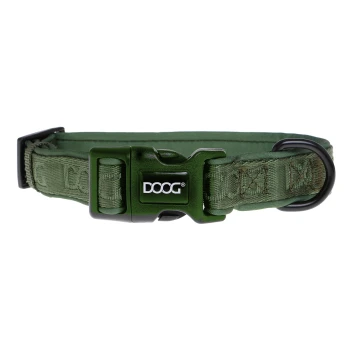 Grüner Hundehalsband mit einer stabilen Schnalle und einem schwarzen D-Ring, das das DOOG-Logo prominent zeigt.