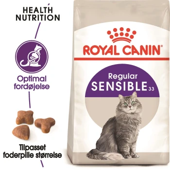 Royal Canin Regular Sensible 33 Katzenfutterbeutel mit einer grauen Katzenillustration, mit Text, der gesunde Ernährung und optimale Verdauung hervorhebt.