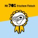 Ikonisches Abzeichen mit einer Fleischillustration und dem Text "Mit 70% frischem Fleisch" auf einem leuchtend gelben und blauen Hintergrund.