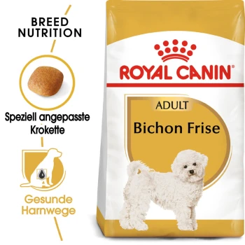Bichon Frisé Adult 1,5 kg Royal Canin Bichon Frise Adult Hundefutterbeutel mit einem weißen Bichon Frise Hund, mit Text, der die Ernährungsbedürfnisse der Rasse und einen gesunden Harntrakt hervorhebt.
