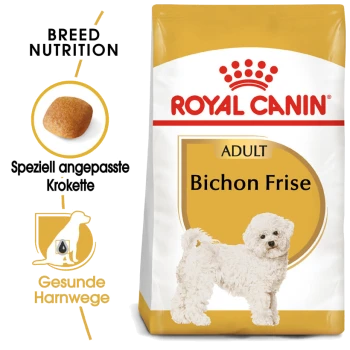 Royal Canin Bichon Frise Adult Hundefutterbeutel mit einem weißen Bichon Frise Hund, mit Text, der die Ernährungsbedürfnisse der Rasse und einen gesunden Harntrakt hervorhebt.