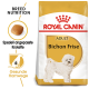 Royal Canin Bichon Frise Adult Hundefutterbeutel mit einem weißen Bichon Frise Hund, mit Text, der die Ernährungsbedürfnisse der Rasse und einen gesunden Harntrakt hervorhebt.