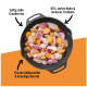 Pfanne mit rohem Huhn, Truthahn, Süßkartoffel, Karotte und Cranberries. Etiketten: 63% Huhn & Truthahn; saftige Cranberries.